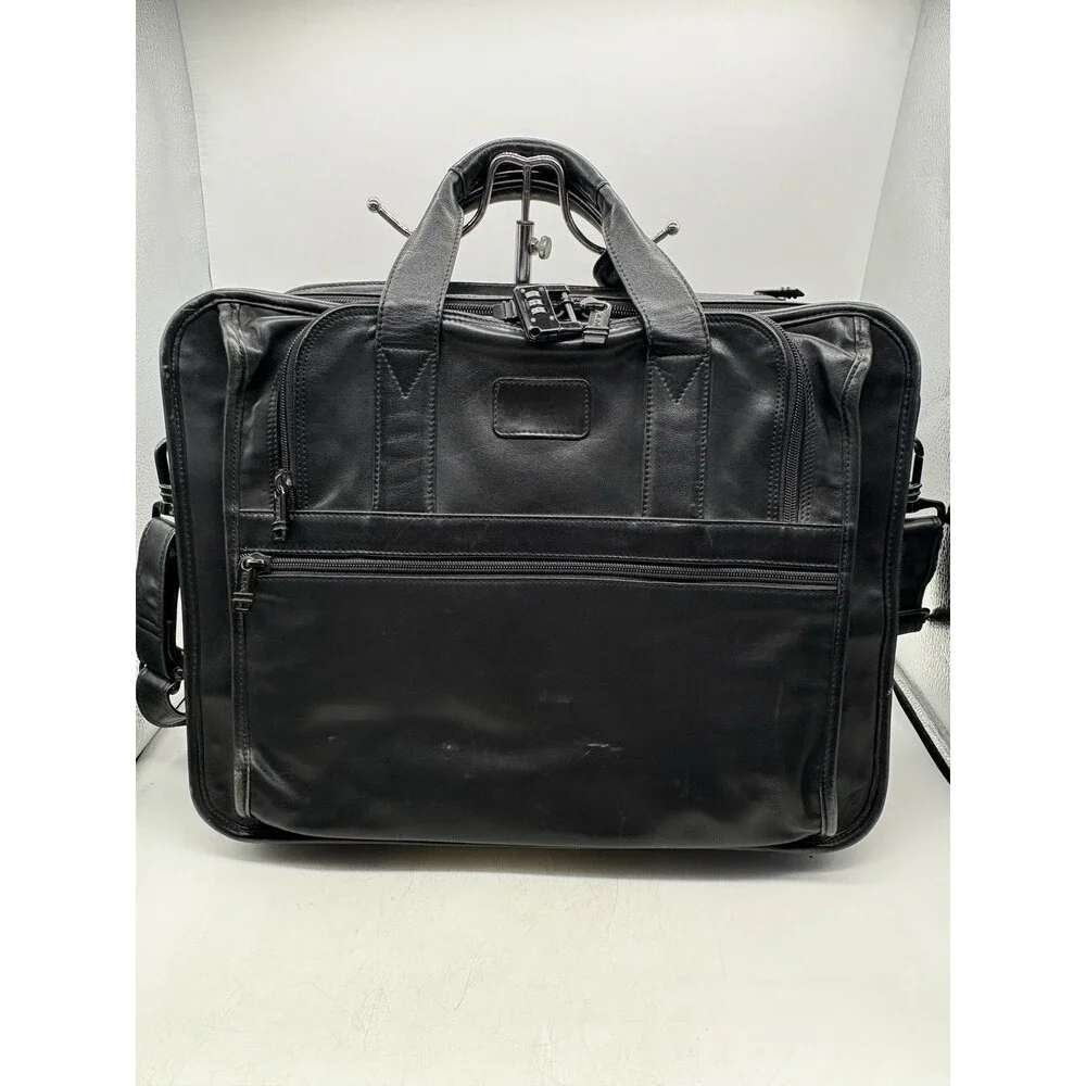 TUMI Alpha Black Leather Briefcase Laptop Messenger Bag 6”x13”x17.5”